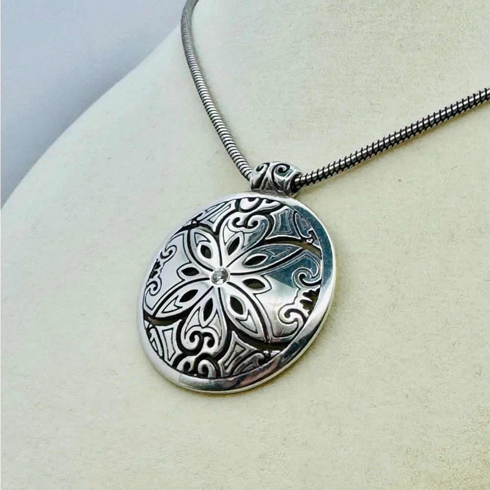 Retired Brighton Florencia Crystal Silver Filigree Disc Pendant Necklace